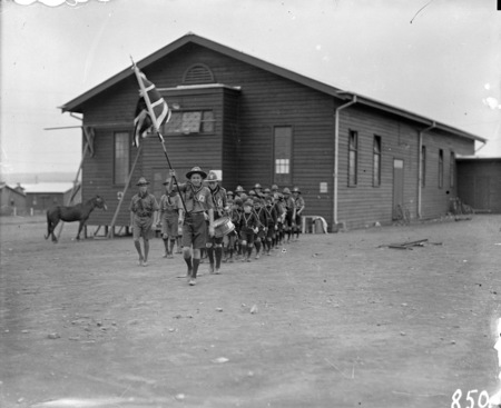 Boys Scouts marching outside Causeway Hall.