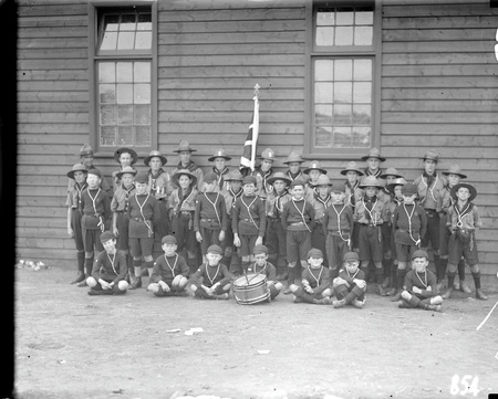 Boy Scouts and Wolf Cubs outside Causeway Hall