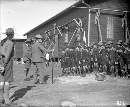 Boys Scouts and Cubs outside Causeway Hall - Sir John Butters with troupe's staff
