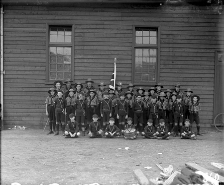 Boys Scouts and Wolf Cubs outside Causeway Hall
