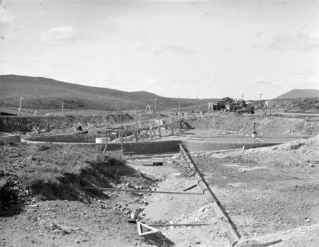 Weston Creek Sewerage Treatment Works showing trickle filters under construction.