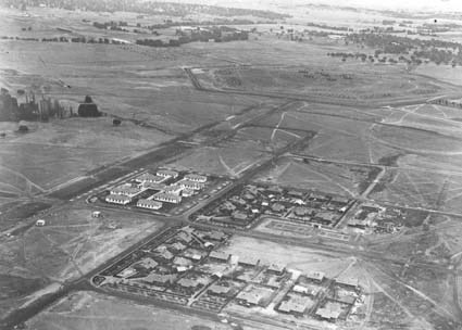 Aerial view of Braddon looking south, Gorman House on left (Ainslie Avenue )  and Braddon cottages