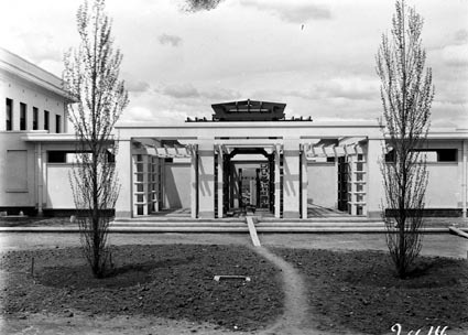 Pergola in courtyard of Parliament House - Lombardy Poplar trees were planted by Marquis of Salisbury when Speakers chair was presented