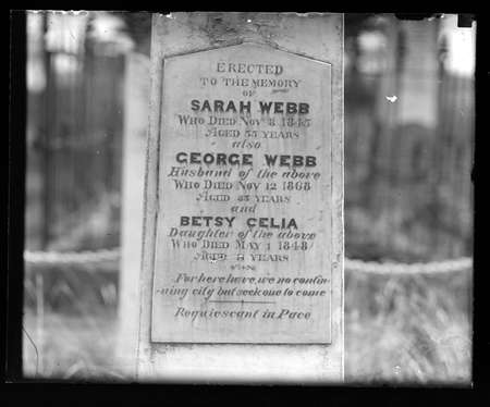 The prophetic tombstone of Sarah, George and Betsy Webb. The inscription is prophetic "For here we have no continuing city but seek one to come" St John's Churchyard, Constitution Avenue, Reid.