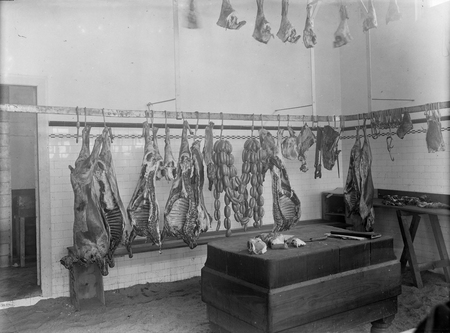 Interior of butcher's shop.