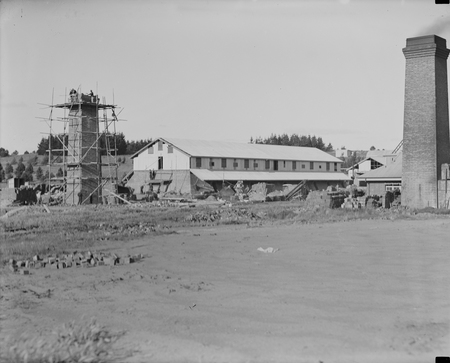 Canberra Brickworks showing smoke stacks and kiln buildings.