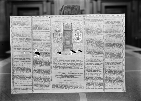 Copy of inscription relating to presentation of the Speaker's Chair by the United Kingdom Branch of the Empire Parliamentary Association.