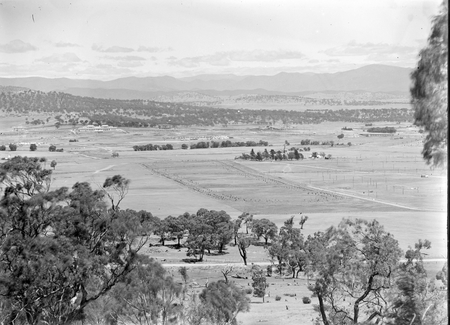 View from Mt Ainslie showing Anzac Parade, St John's Church, Parliament House, Hotel Canberra, Commonwealth Bridge and Scotts Crossing.