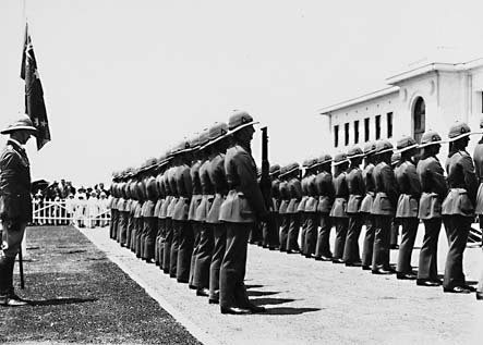 Armistice Day, Parliament House front steps with  RMC [Royal Military College] Cadets presenting arms for the one minute silence