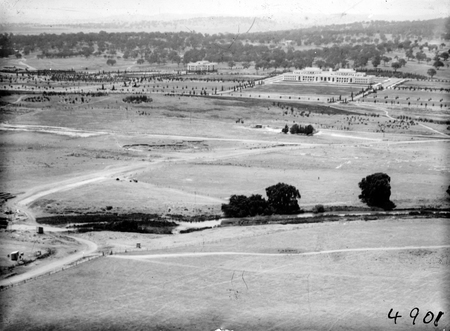 Aerial view over Parliament House and Molonglo River looking south.