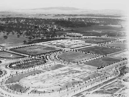 Ariel view over Parliament House with West Block in background and foundations for Administrative in foreground