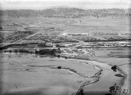 Ariel view over Kingston and Forrest from Mt Pleasant with Molonglo River in front.