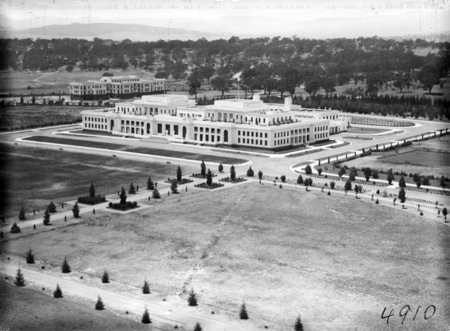 Aerial view over Parliament House and East Block.