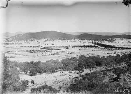 Braddon and Civic Centre from Mt Ainslie. Ainslie Hotel, Limestone Avenue in foreground. Haig Park on right. Black Mountain in background.