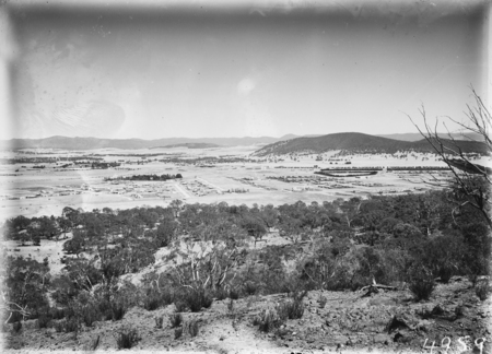 Braddon, Reid and Civic Centre from Mt Ainslie. Ainslie Hotel, Limestone Avenue in foreground. Black Mountain in background.