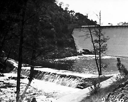 Cotter Dam wall and stilling pond, below the spillway