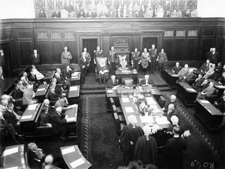 Opening of the 16th Parliament. Govenor-General leading the address in the Senate.