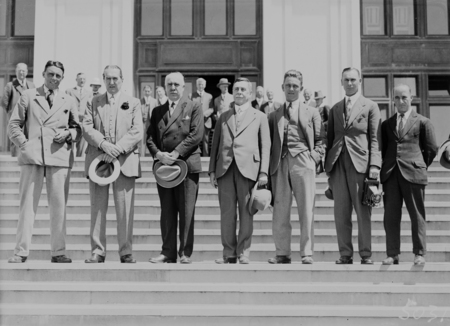 Visit of the English Cricket Test Team. Visit of team to Parliament House. Prime Minister Stanley Melbourne Bruce second from left.