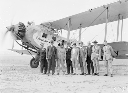 Second Conference of 65th District of Rotary. Delegates arriving in the aeroplane called 'Canberra', a De Havilland 61 Giant Moth.