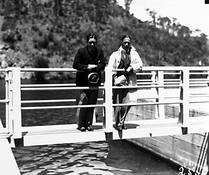 Cotter Dam .Men on bridge to valve tower