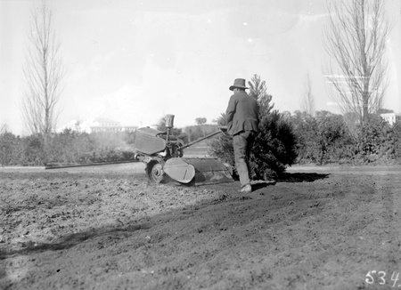 Workmen using rotary hoe in the gardens  near Parliament House