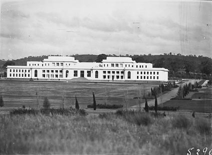 Parliament House from Parkes Place from the north. Red Hill in background