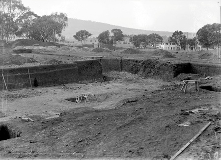  Excavation for the foundations  of the Australian Institute of Anatomy.McCoy Circle, Acton, Beaucham House on the right