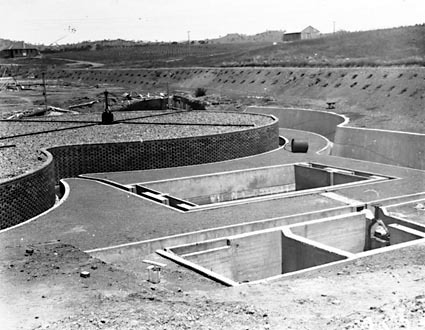 Weston Creek sewerage treatment works - Trickling filters complete, sedimentation and activated sludge tanks in foreground
