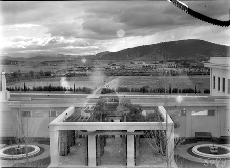 View to north west from Parliament House courtyard. Canberra Hotel and Black Mountain in background