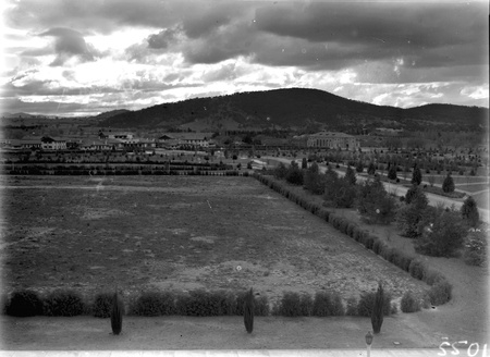 View to north west from Parliament House. Canberra Hotel, Albert Hall and Black Mountain in background