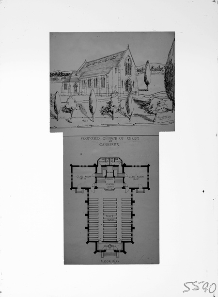 Perspective and plan of proposed Church of Christ for Limestone Avenue, Ainslie