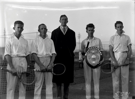 Australian Capital Territory Lawn Tennis Association. Winners of the Permanent Heads Shield with Sir Robert Garran at Manuka Tennis Courts. Left to right: F. Murray, K. Carnall, Sir Robert Garran, unknown and Ally Nish.
