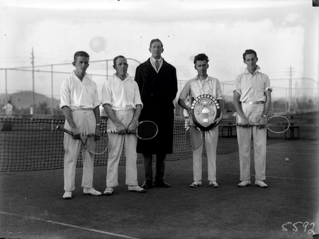 Australian Capital Territory Lawn Tennis Association ,winners of Permanent Heads Shield with Sir Robert Garran at Manuka Tennis Courts L to R, F. Murray, K. Carnall, Sir Robert Garran, ?, Ally Nish