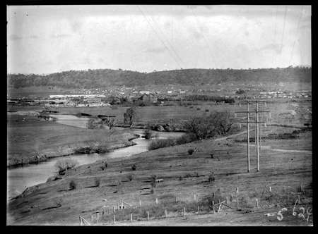 Molonglo River, Kingston from Duntroon showing power transmission lines.