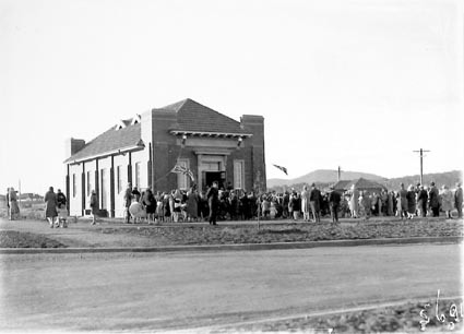 Opening of Salvation Army Hall by Sir John Butters and dedicated by Commissioner Charles Sowton on 6 July 1929 at Eloura and Fawkner Streets,  Braddon - bands and spectators
