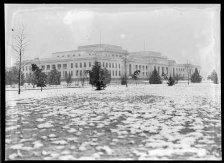 Front of Parliament House under snow.