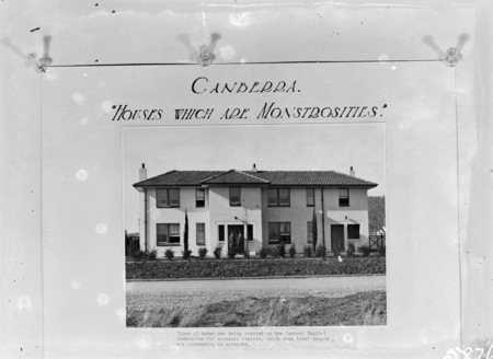 Copy of photo showing a Canberra semi-detached house [Booroondara St Reid] entitled 'Houses which are monstrosities' being built by the Federal Capital Commission.