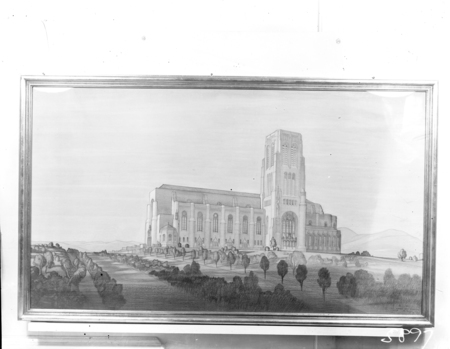 Perspective drawing of proposed Catholic Cathedral for the designated site on Commonwealth Avenue, Civic Centre.