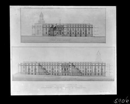 South-East and South-West elevations of Proposed Building for Government Printing Office and Departments, Wentworth Avenue, Kingston. Drawing AC 2016 and AC 2017.