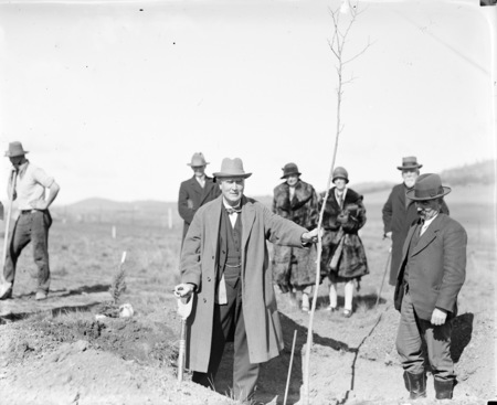 Tree planting ceremony by members of the Institute of Accountants. Sir John Butters holding the tree.