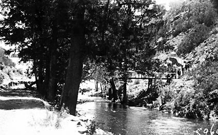 Cotter River with Swinging Bridge and path leading to the Dam Wall
