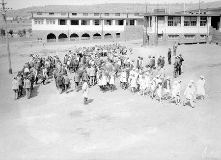Assembly of pupils at Telopea Park School, New South Wales Crescent, Barton