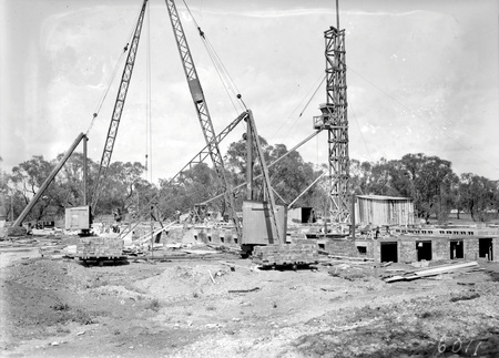 Foundations of Australian Institute of Anatomy with cranes, McCoy Circle Acton