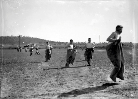 The sack race at the Canberra Grammar School Day at York Park, Barton.
