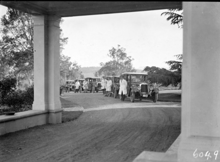 Commonwealth cars [Armstrong Siddleys] with drivers at Government House, Yarralumla, Govenor Generals Residence.