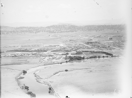 Aerial view of Kingston and the Molonglo River, from over Duntroon.