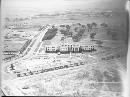 Aerial view of West Block, Parliament House and East Block.