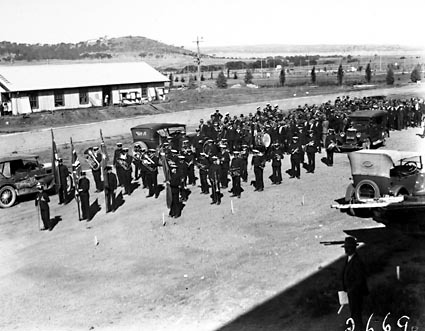 Visit to Canberra by Young Australia League boys from Western Australia .Brass band forming up