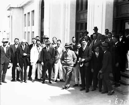 Visit to Canberra by Young Australia League boys from Western Australia.Officials in front of Parliament House