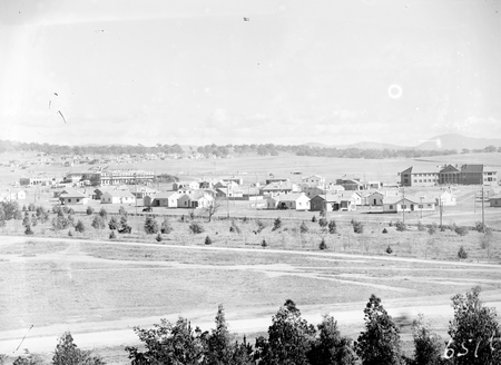 View towards Brassey House across Telopea Park from Kingston Power Station. Telopea Park School on the left, being built.